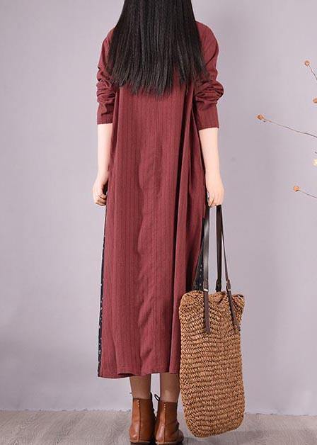 Red Patchwork Print Dress O Neck Pockets Traveling Spring Dresses