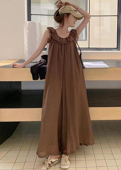 Coffee Ruffled High Waist Cotton Jumpsuit Sleeveless