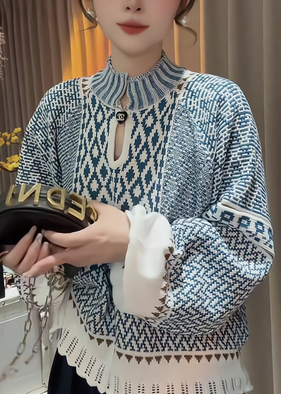 Blue Stand Collar Print Knit Sweater Fall