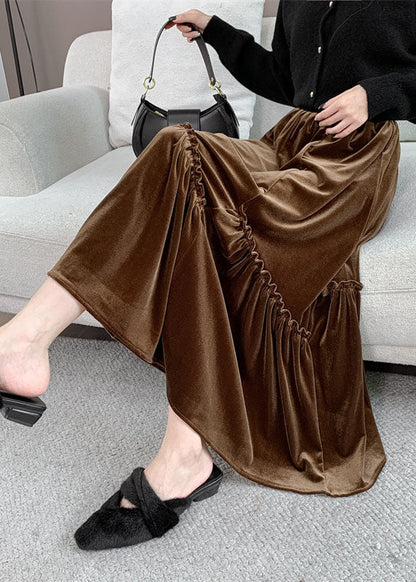 Brown Asymmetrical Wrinkled Silk Velvet Skirt Fall