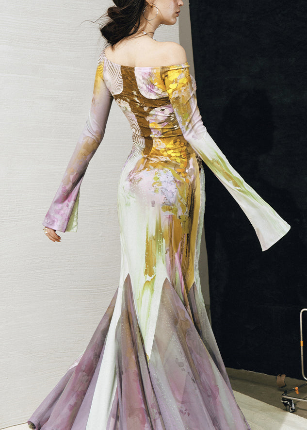 Slash Neck Print Tulle Patchwork Long Dresses Fall