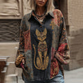 Women's Vintage Ancient Egyptian Cat Patchwork Linen Blend Shirt artswardrobe