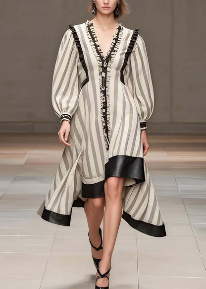 White Ruffled Patchwork Striped Cotton Dress Spring (ships in 15 Business Days)