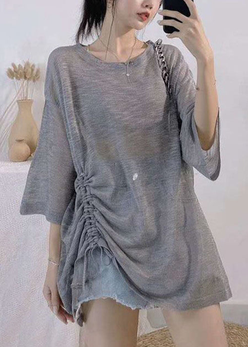 Light Grey O Neck Lace Up Ice Silk Knit T Shirt Summer