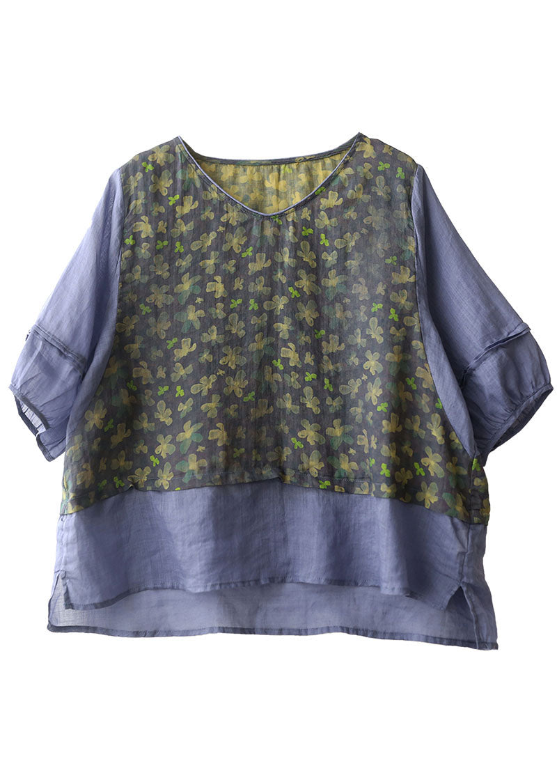 Purple V Neck Print Patchwork Linen Fake Two Piece Top Bracelet Sleeve