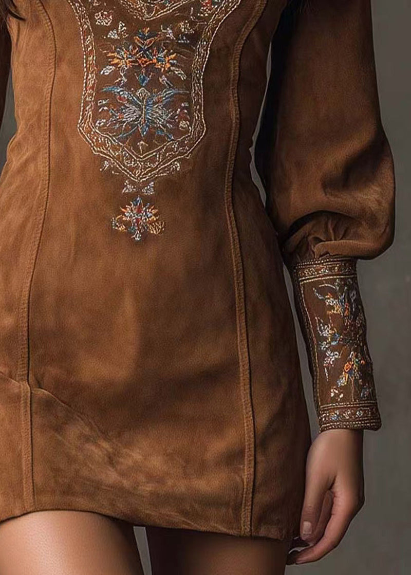 Brown Embroidered Faux Suede Mid Dress Spring