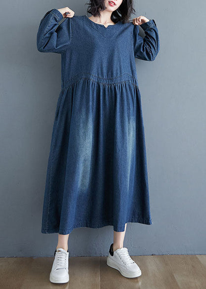 Blue V-neck Pockets Wrinkled Patchwork Denim Dress Spring
