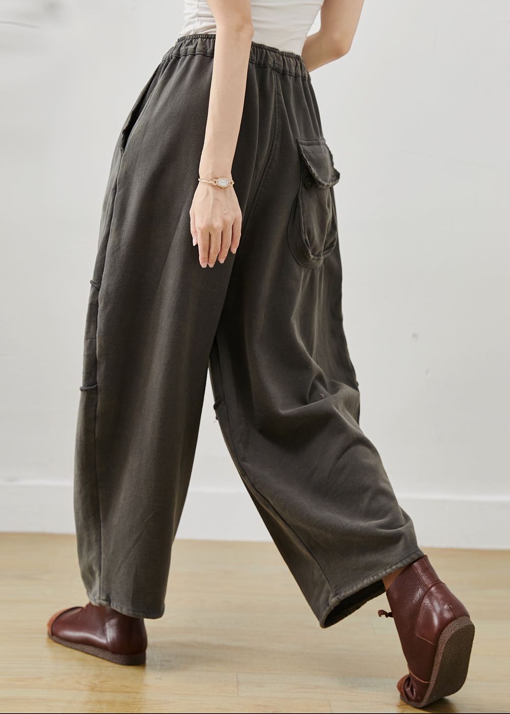 Grey Oversized Patchwork Cotton Harem Pants Fall