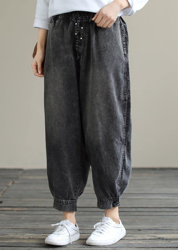 Modern Spring Wide Leg Pants Denim Gray Sewing Elastic Waist Pockets Jeans