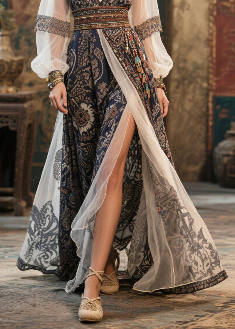 Black Deep-v Neck Print Chiffon Maxi Dresses Summer