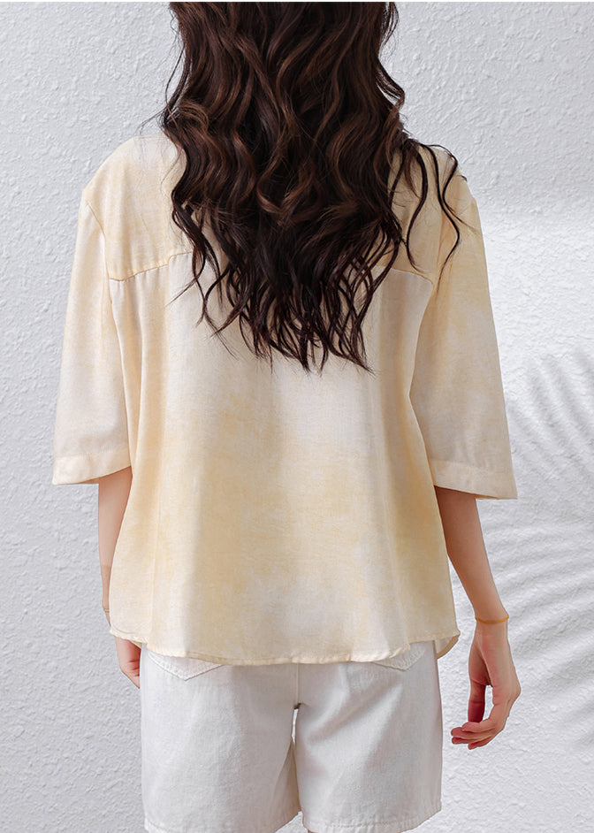 Apricot Drawstring Nail Bead Cotton Blouse Top Half Sleeve