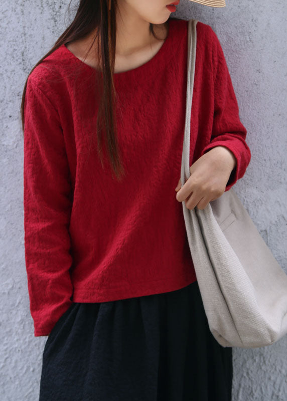 Mulberry O-neck Jacquard Linen Tops Long Sleeve