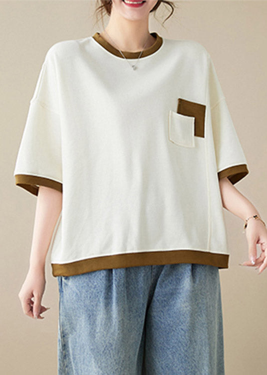 Loose Red O-neck Patchwork Tops Half Sleeve