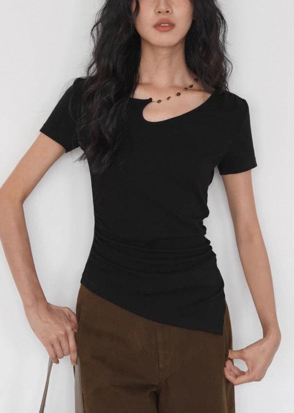 Black Asymmetrical Cotton T Shirt Summer