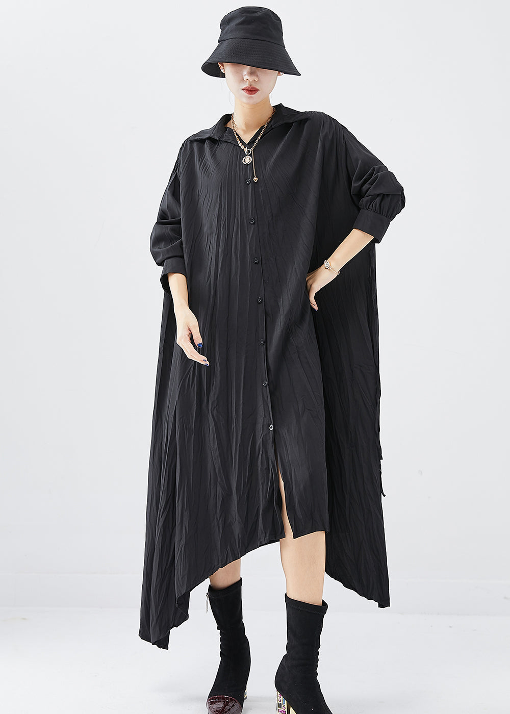 Black Oversized Asymmetrical Design Cotton Shirt Dress Fall
