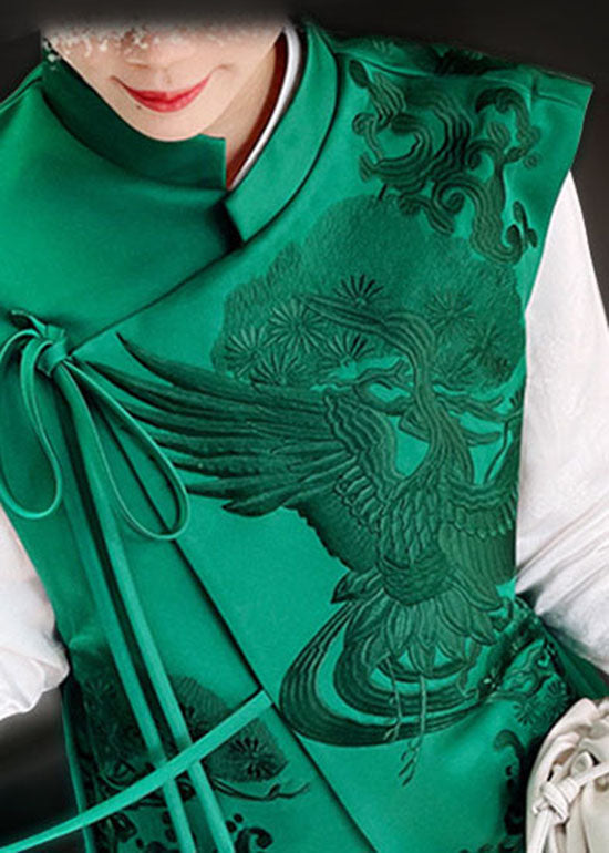 Green Stand Collar Embroideried Lacing Silk Vest Spring