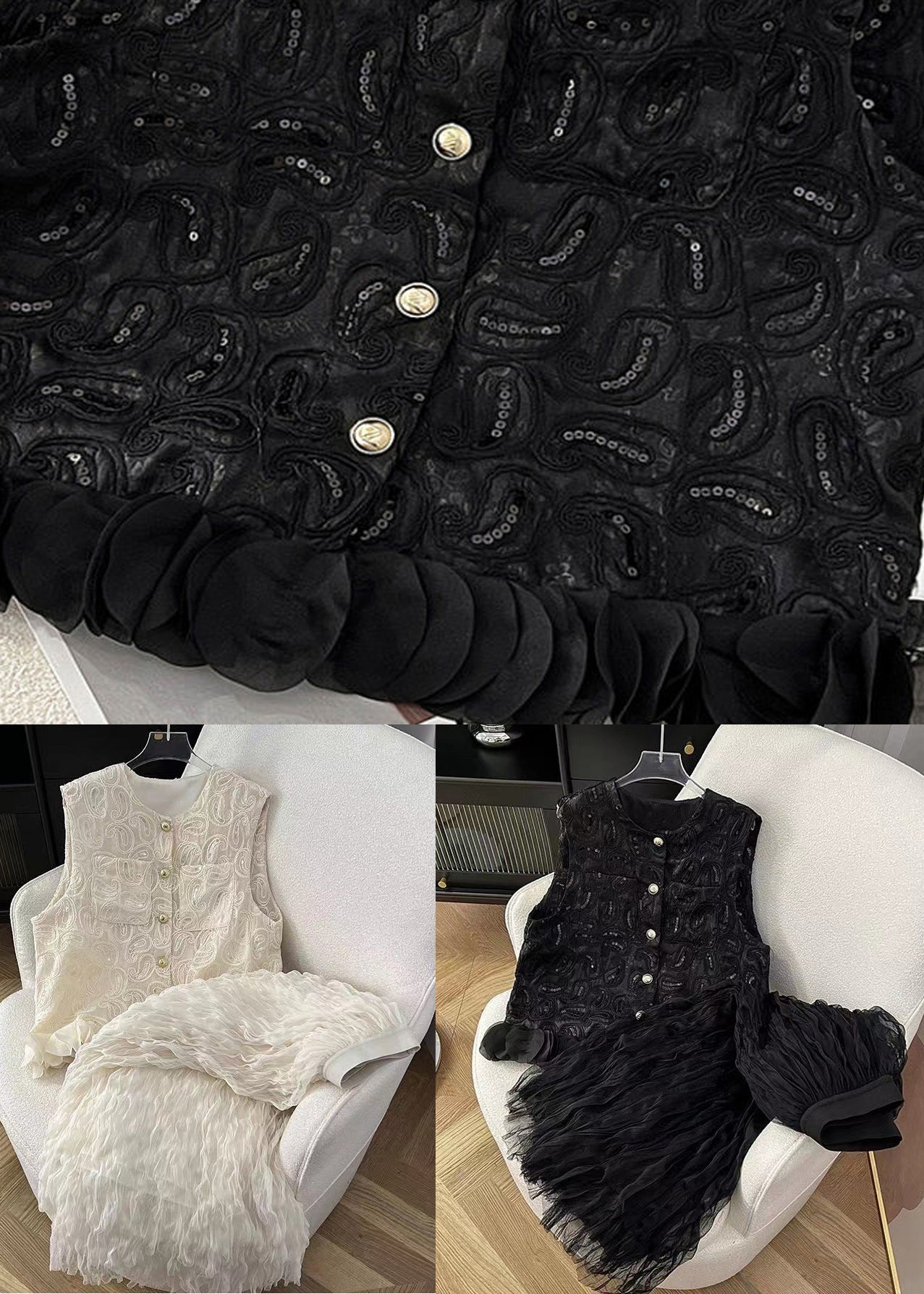 Black Sequins Waistcoat Tops and Skirts Two Pieces Set Sleeveless