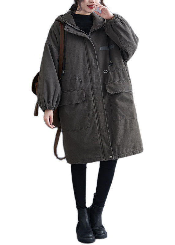 Organic Grey Hooded Zippered Pockets Winter Long Sleeve Coat