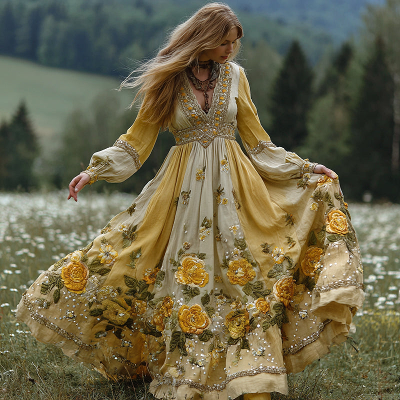Comstylish Women's Yellow Floral Art Print V-neck Long Sleeve Maxi Dress