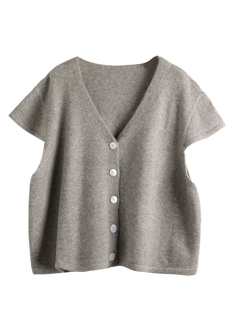 Simple Beige V Neck Button Knitted Blend Waistcoat Short Sleeve