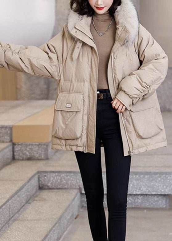 Khaki Warm Pockets Fox Collar Duck Down Coats Winter