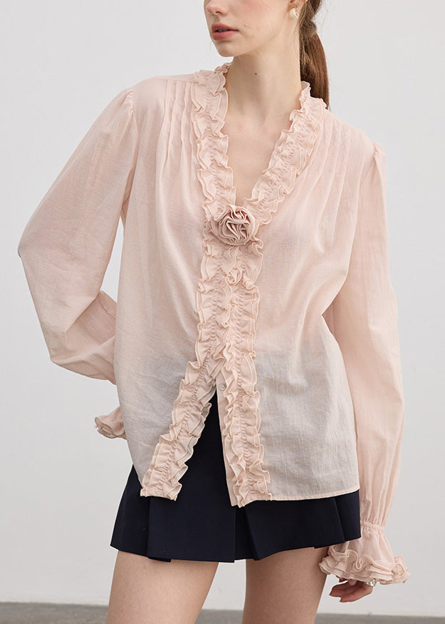Fine Pink V Neck Ruffled Cotton Shirt Top Fall