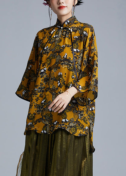 Yellow Stand Collar Button Low High Design Silk Shirts Spring
