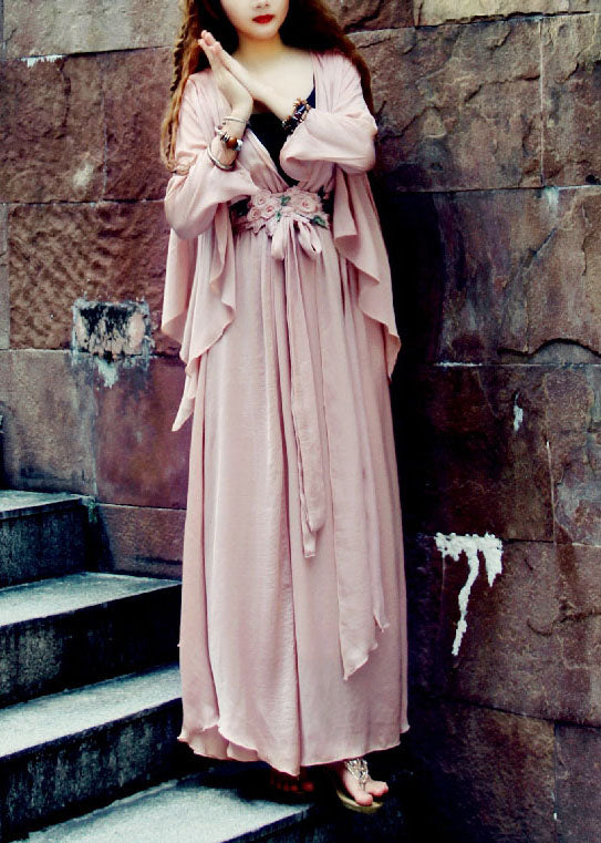 Light Pink V Neck Asymmetrical Exra Large Hem Silk Beach Cinch Dress Spring