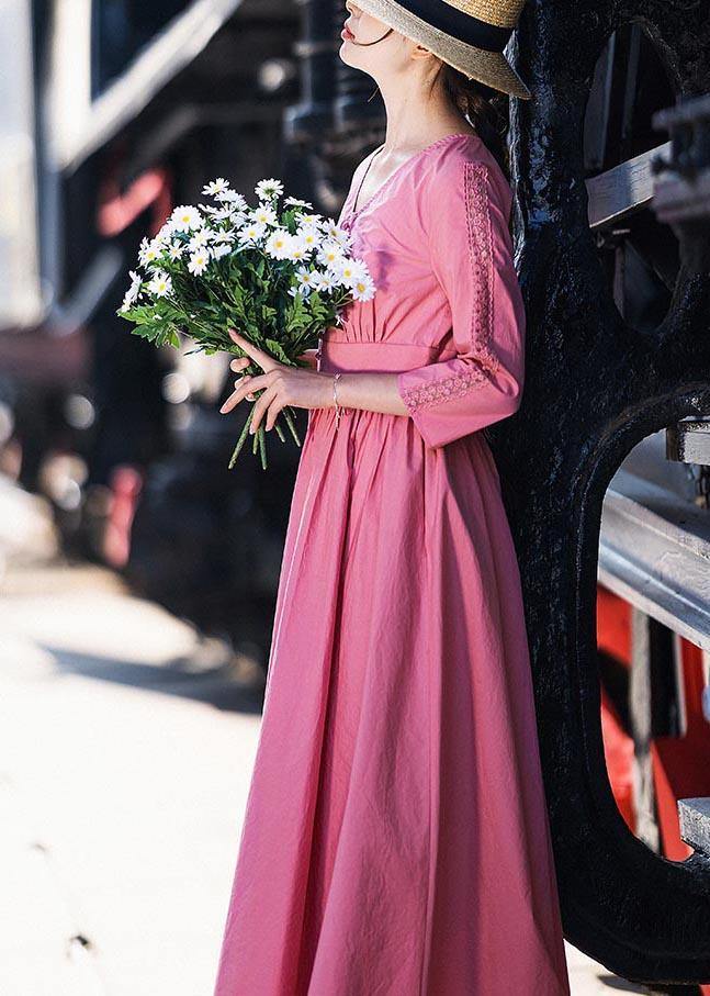 Stylish Pink Button V Neck Mid Summer Cotton Dress