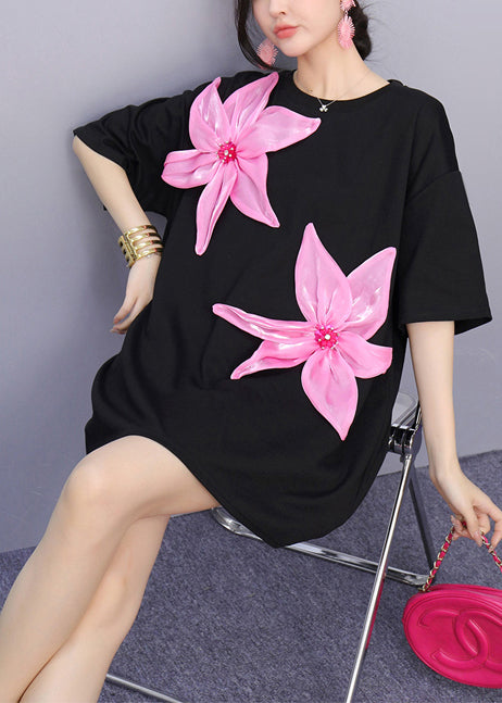 Black Oversized Decorated Cotton Tops Summer