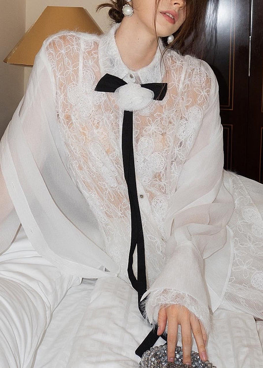 White Embroidered Lace Shirts and Skirts Tulle Two Pieces Set