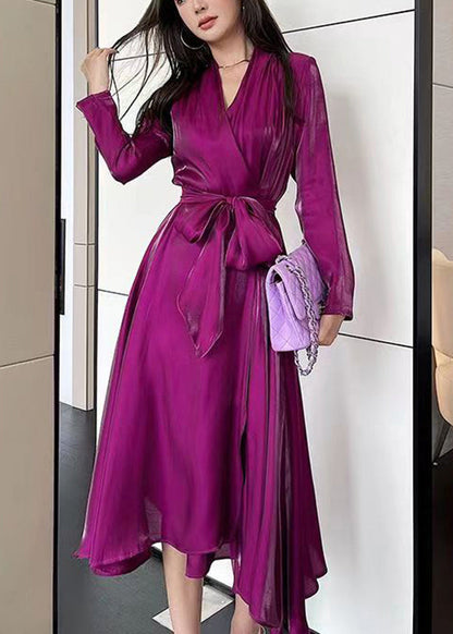 Rose V Neck Tie Waist Silk Long Dress Spring