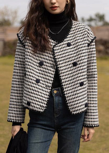 Black O Neck Double Breast Patchwork Cotton Coats Fall
