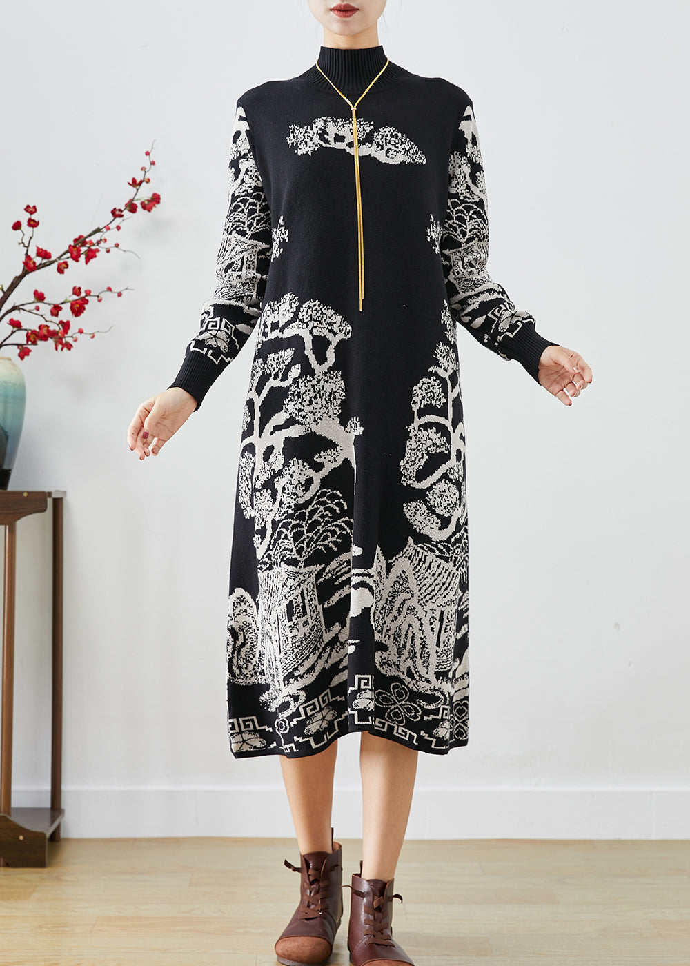 Black High Neck Print Knit Sweater Dress Fall