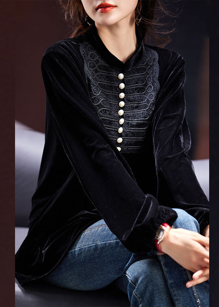 Vogue Black O-neck Nail Bead Patchwork Silk Velour Top Fall