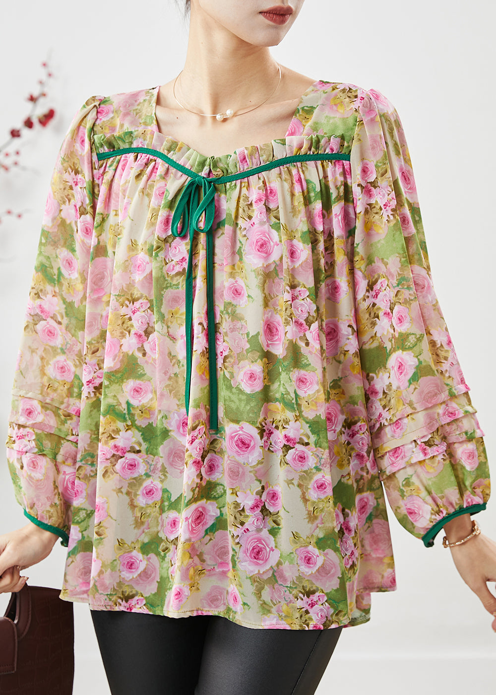 Handmade Pink Square Collar Print Chiffon Shirts Spring