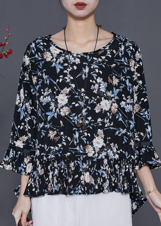 Black Oversized Print Chiffon Blouses Summer