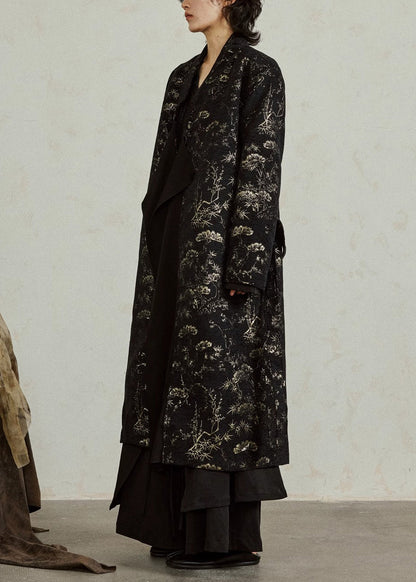 Black V Neck Tie Waist Jacquard Maxi Coats Fall