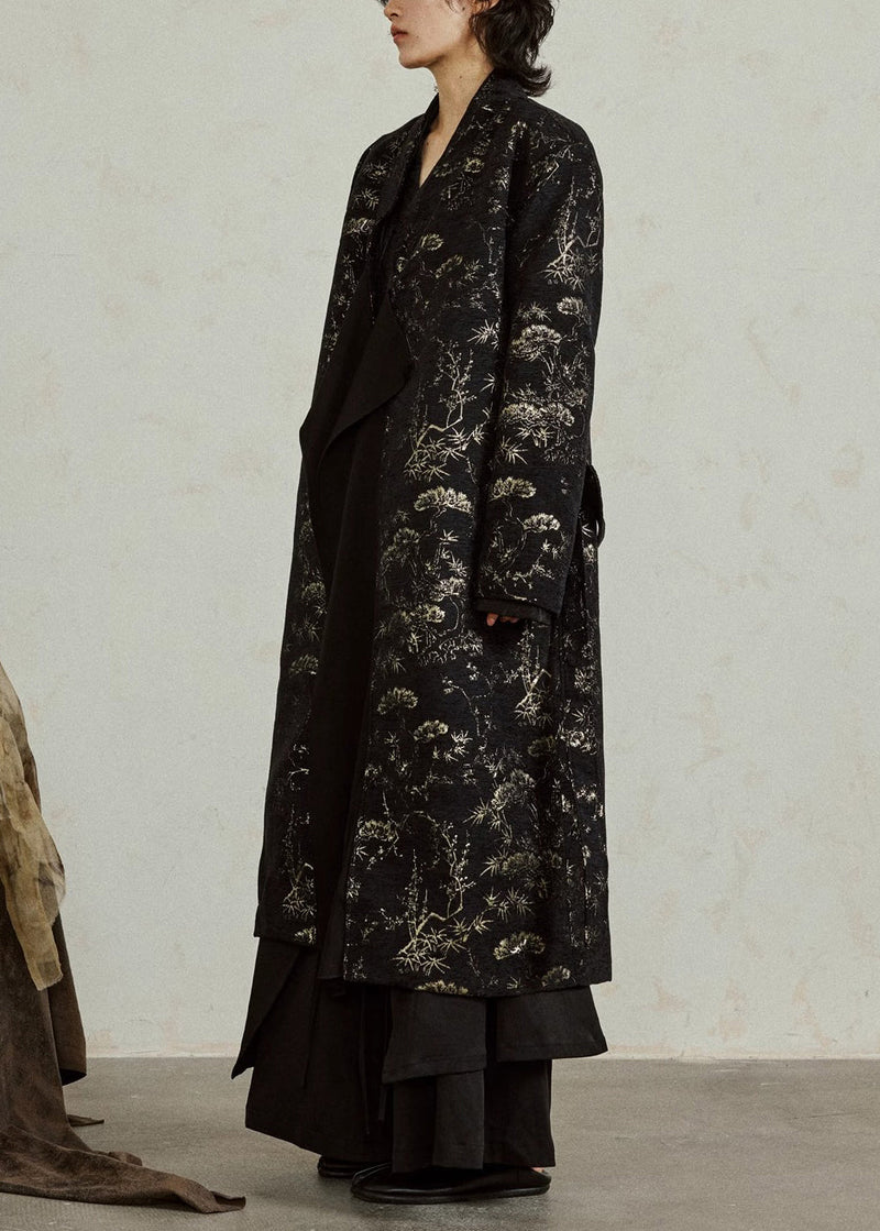 Black V Neck Tie Waist Jacquard Maxi Coats Fall