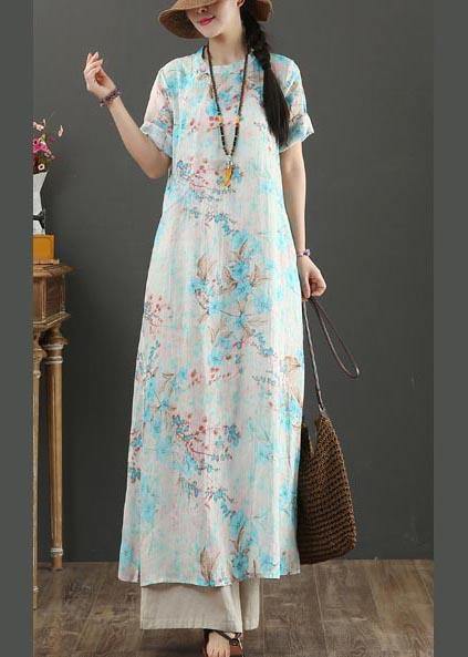Comfy Blue Print Linen Short Sleeve Summer Vacation Dresses
