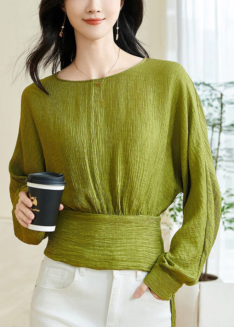 Green O-neck Patchwork Bow Top Lantern Sleeve