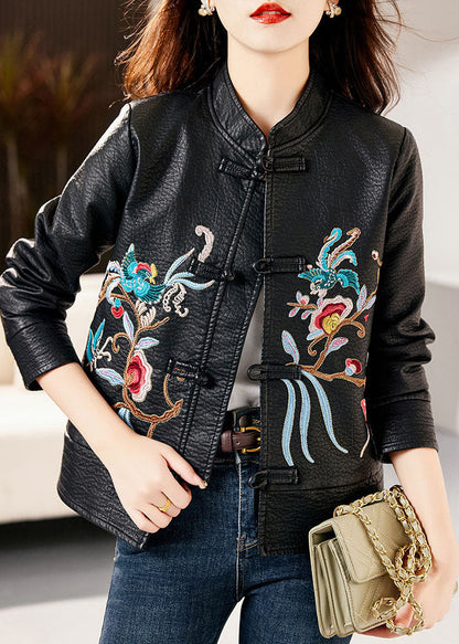Classy Black Stand Collar Embroideried Faux Leather Coats Long Sleeve