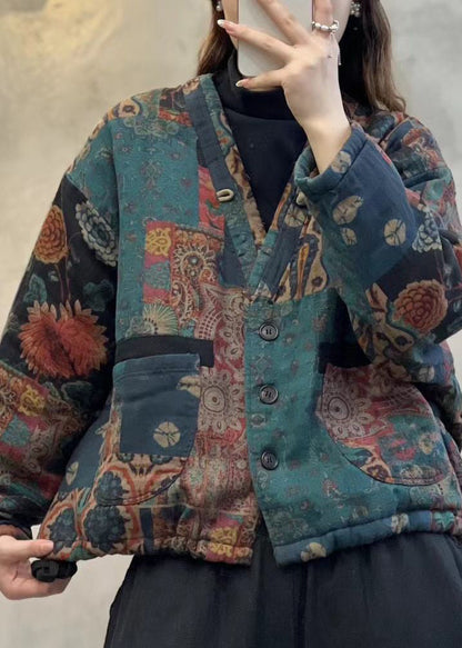 Green V Neck Pockets Print Fine Cotton Filled Jackets Spring