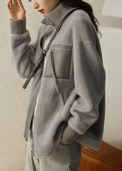 Stylish Grey Oversized Pu Patchwork Wool Coat Fall