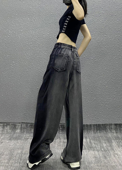 Black Grey Pockets Patchwork Denim Wide Leg Pants Fall
