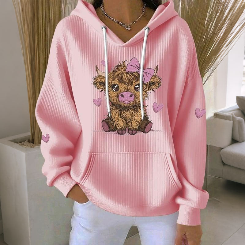 Comstylish Women's Cute Heart Highland Cow Print Long Sleeve Casual Hoodie