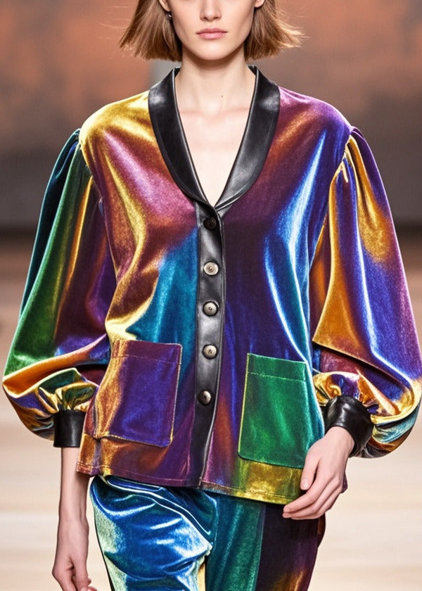 Gradient Color Peter Pan Collar Patchwork Silk Velvet Jackets Fall