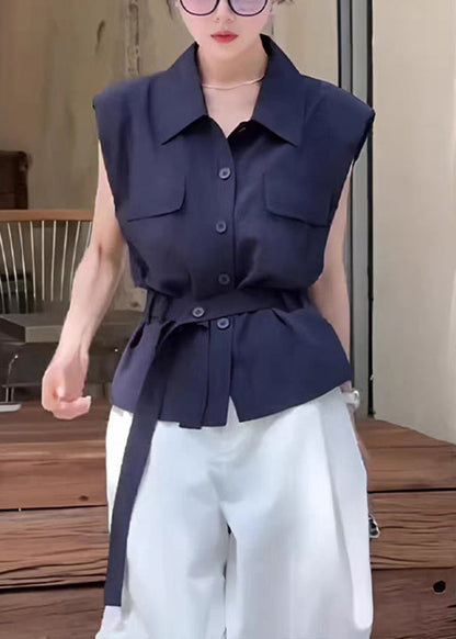 Navy Peter Pan Collar Button Cotton Shirt Sleeveless