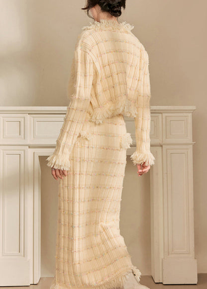 Stylish Beige Tassel Coat and Dress Knit Two Pieces Set Winter