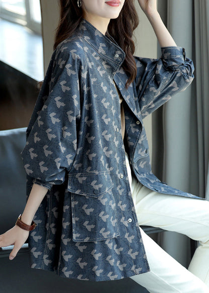 Blue Stand Collar Print Pockets Coats Long Sleeve
